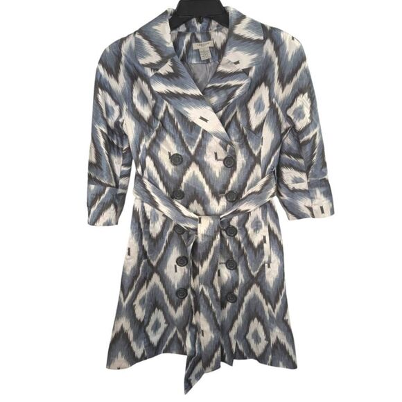 Vertigo Paris Blue Gray Ikat chevron zigzag print trench coat belted jacket M - Picture 2 of 8